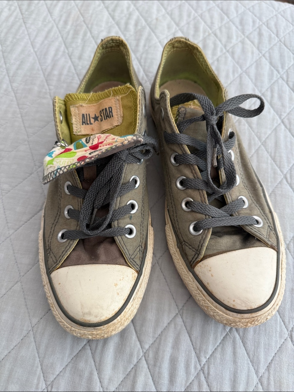 Converse Olive Green Low-Top Canvas Sneakers with Gray Laces